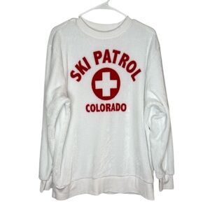Mighty Fine Women's White Fuzzy Ski Patrol Colorado Crewneck Sweater Medium